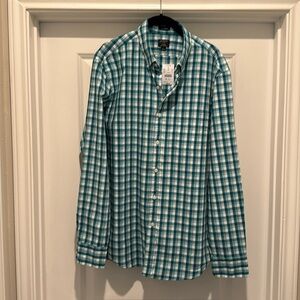 J Crew Flex Washed Teal and White Mens Button Down Large NWT